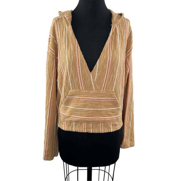 L Space Beige M Wrap Top Cotton Paradise Sunrise Striped Hooded Pullover NEW - Picture 2 of 10